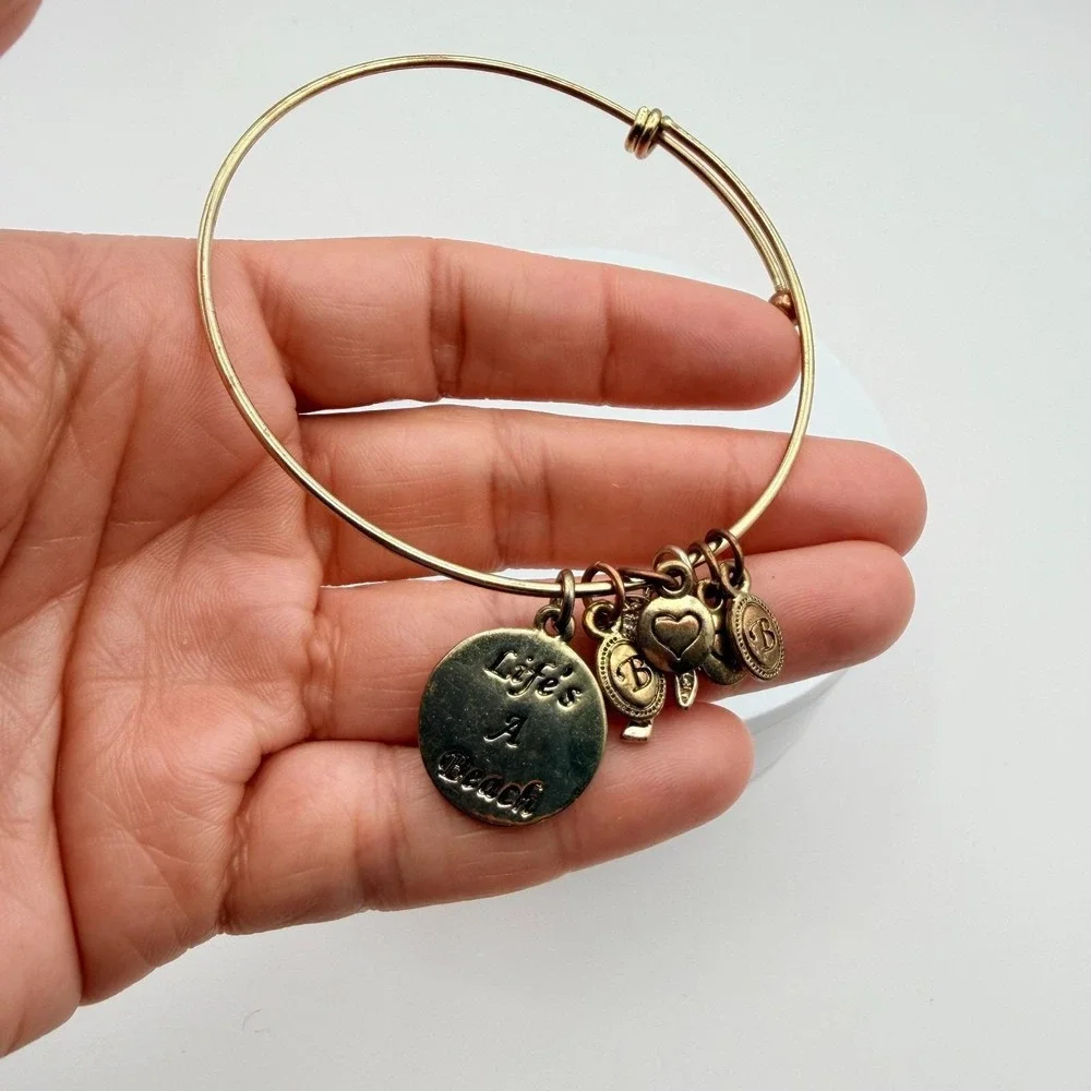 Vintage 90s Gold Tone Bangle Bracelet Palm Tree Heart Life's A Beach Charm Glass